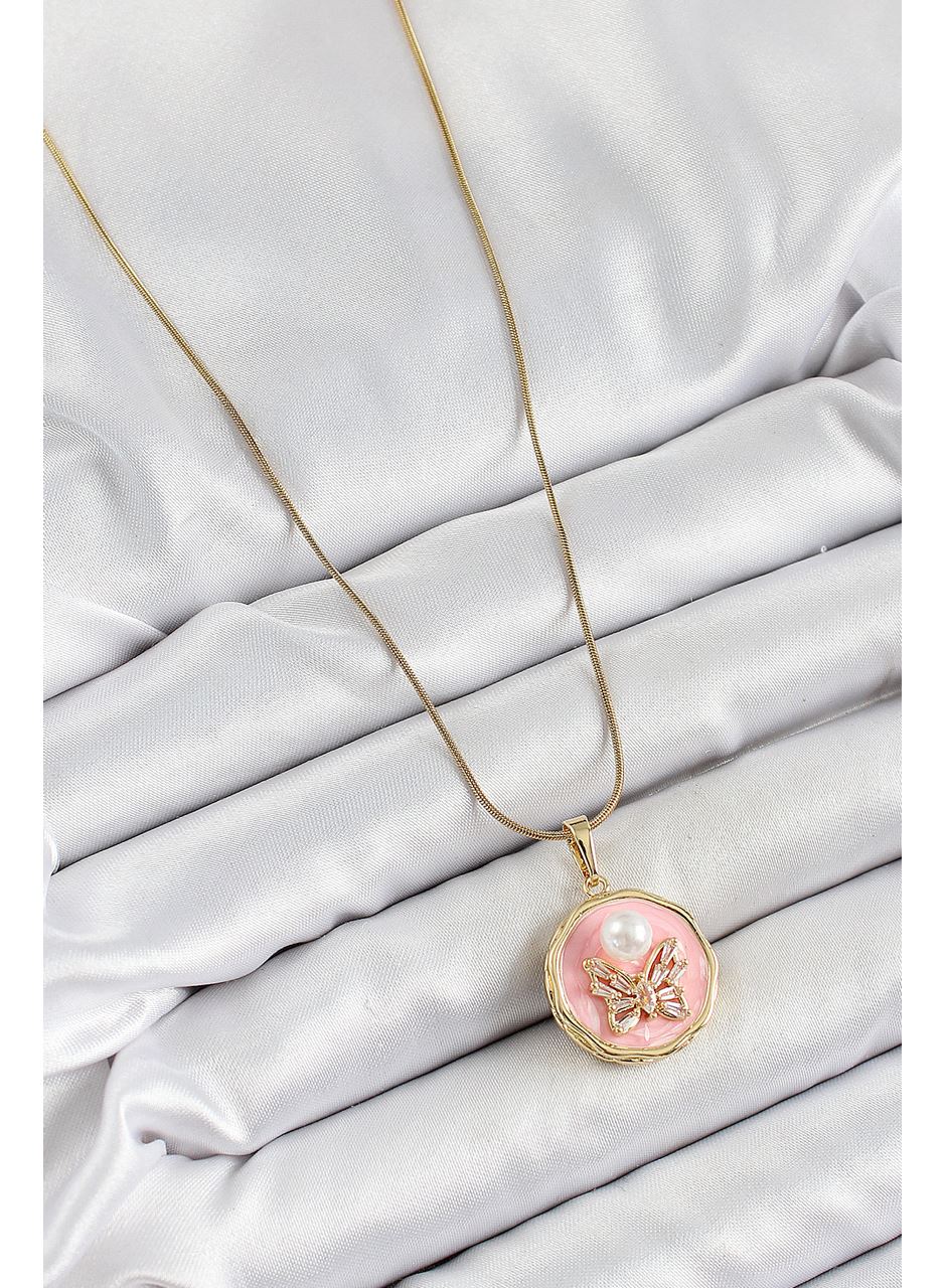 316L Çelik Zincir Zirkon Taşlı Pembe Sanatsal Portre İnci Detaylı Kelebek Model Gold Renk Kadın Kolye
