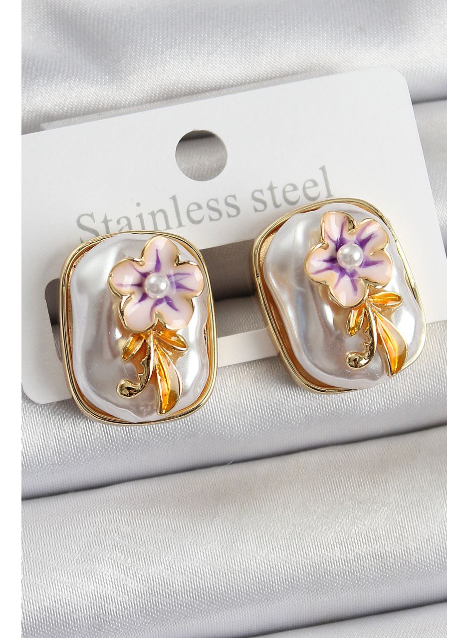 Pirinç Beyaz Mineli İnci Detaylı Çiçek Figürlü Sanatsal Portre Model Gold Renk Kadın Küpe