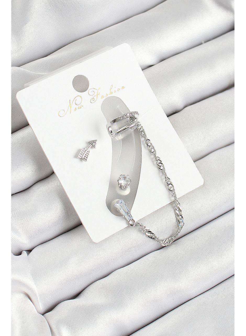 Pirinç Ok Figürlü Zirkon Taşlı Gümüş Renk 3'lü Kıkırdak Kadın Küpe Set