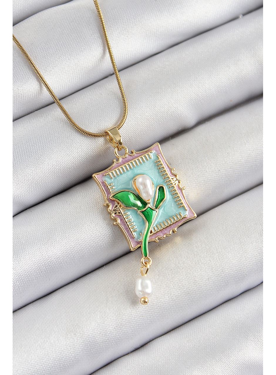 316L Çelik Zincir Turkuaz Sanatsal Portre Sallantılı İnci Detaylı Lale Model Gold Renk Kadın Kolye
