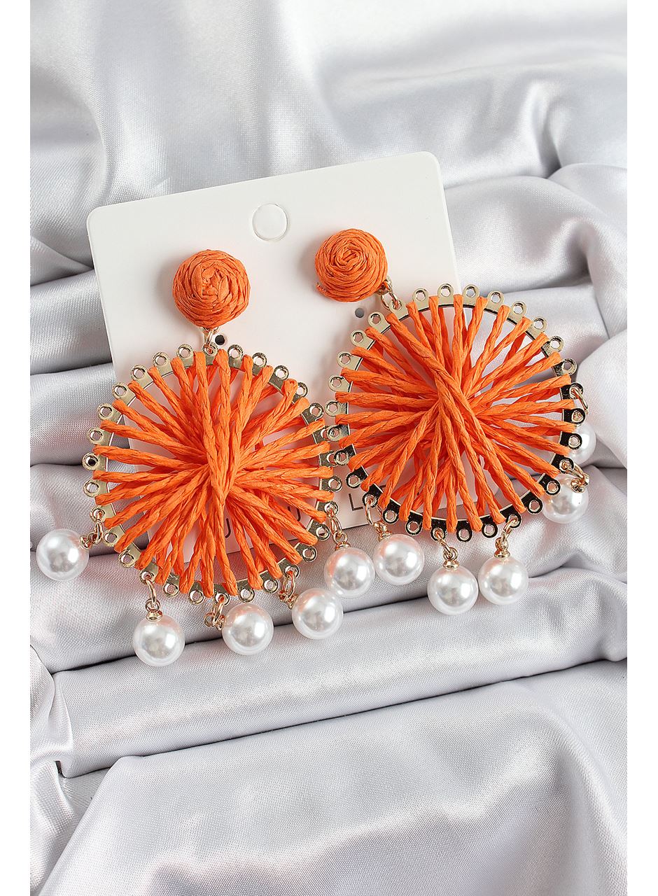 Turuncu Hasır Örgü Sarmal Model Sallantılı İnci Detaylı Gold Renk Kadın Küpe