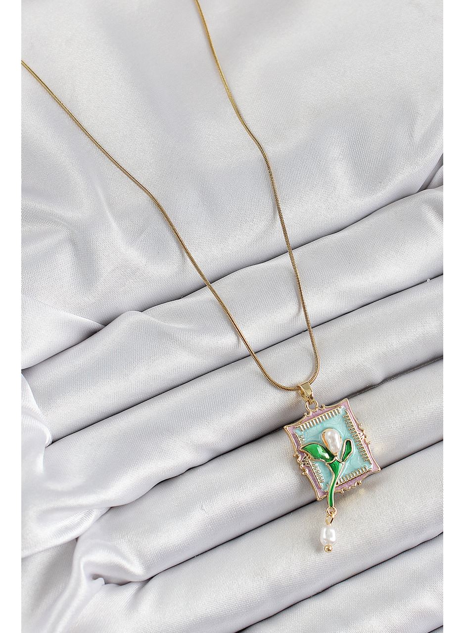 316L Çelik Zincir Turkuaz Sanatsal Portre Sallantılı İnci Detaylı Lale Model Gold Renk Kadın Kolye