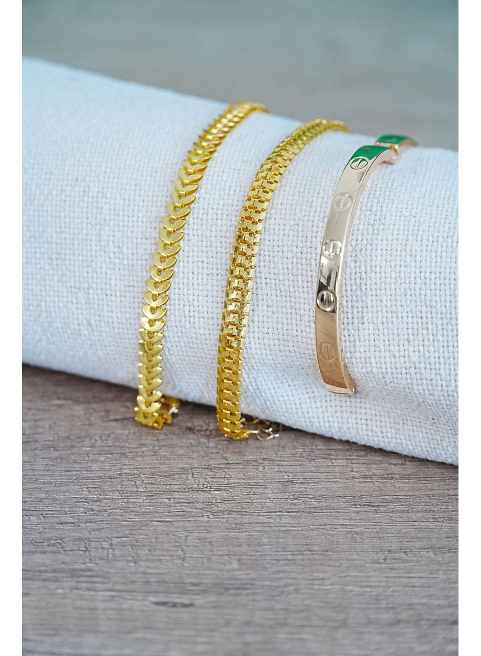 Kombin Bileklik Gold Kılçık Tırtıl ve Düz Cırt Model 3 Adet Birden