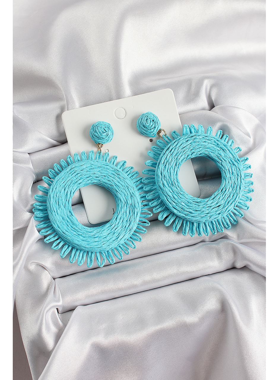 Mavi Püsküllü Halka Figürlü Hasır Örgü Model Gold Renk Kadın Küpe