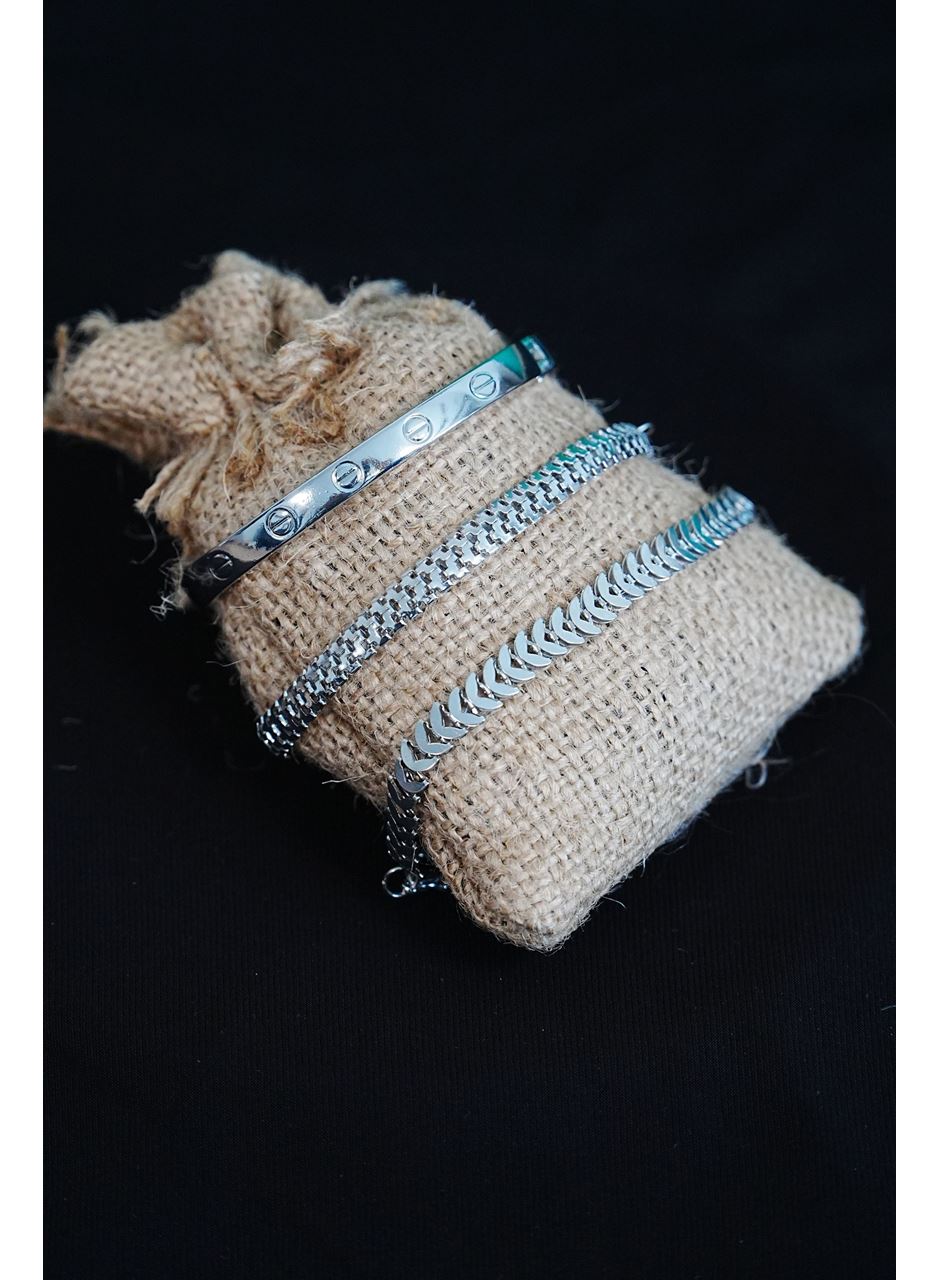 Kombin Bileklik Gümüş Kılçık Tırtıl ve Düz Cırt Model 3 Adet Birden