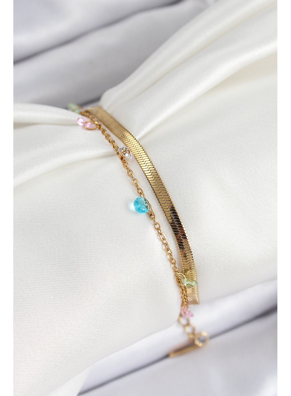 316L Çelik Gold Renk Karışık Renkli Kristal Taşlı 2'li Kadın Bileklik