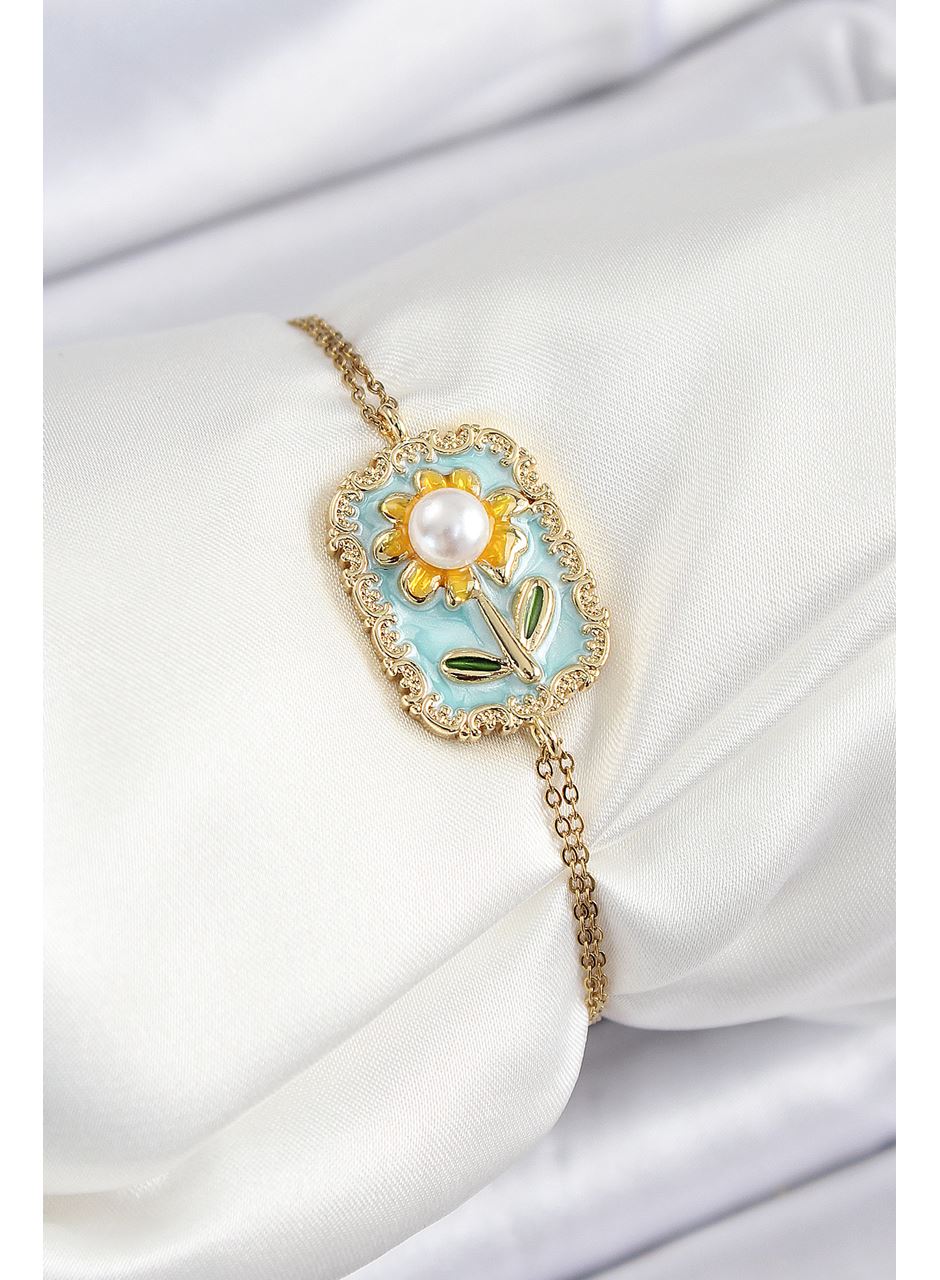 316L Çelik Zincir Turkuaz Mineli Sanatsal Portre İnci Detaylı Papatya Model Gold Renk Kadın Bileklik