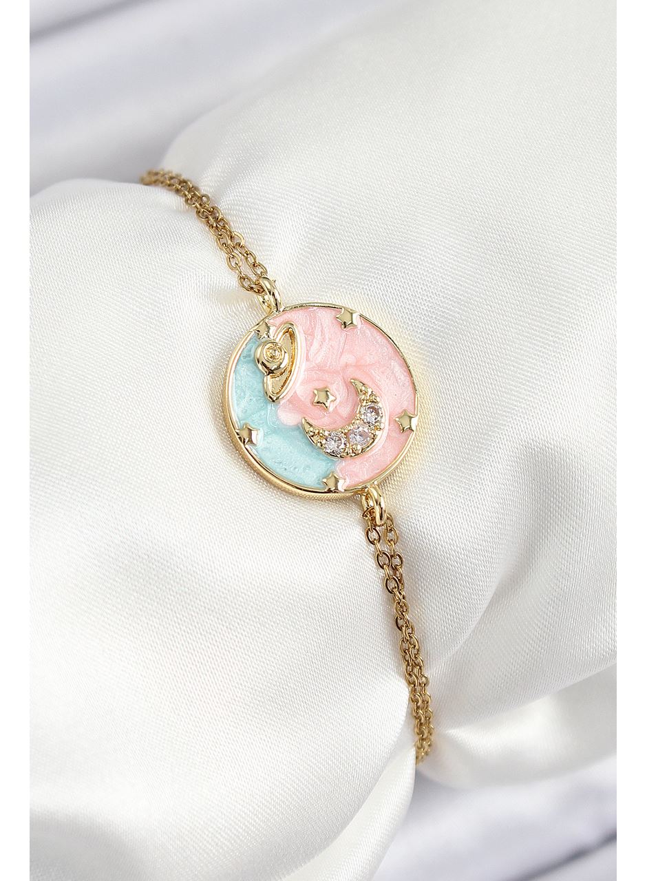 316L Çelik Zincir Mineli Sanatsal Portre Zirkon Taşlı Gezegen Model Gold Renk Kadın Bileklik