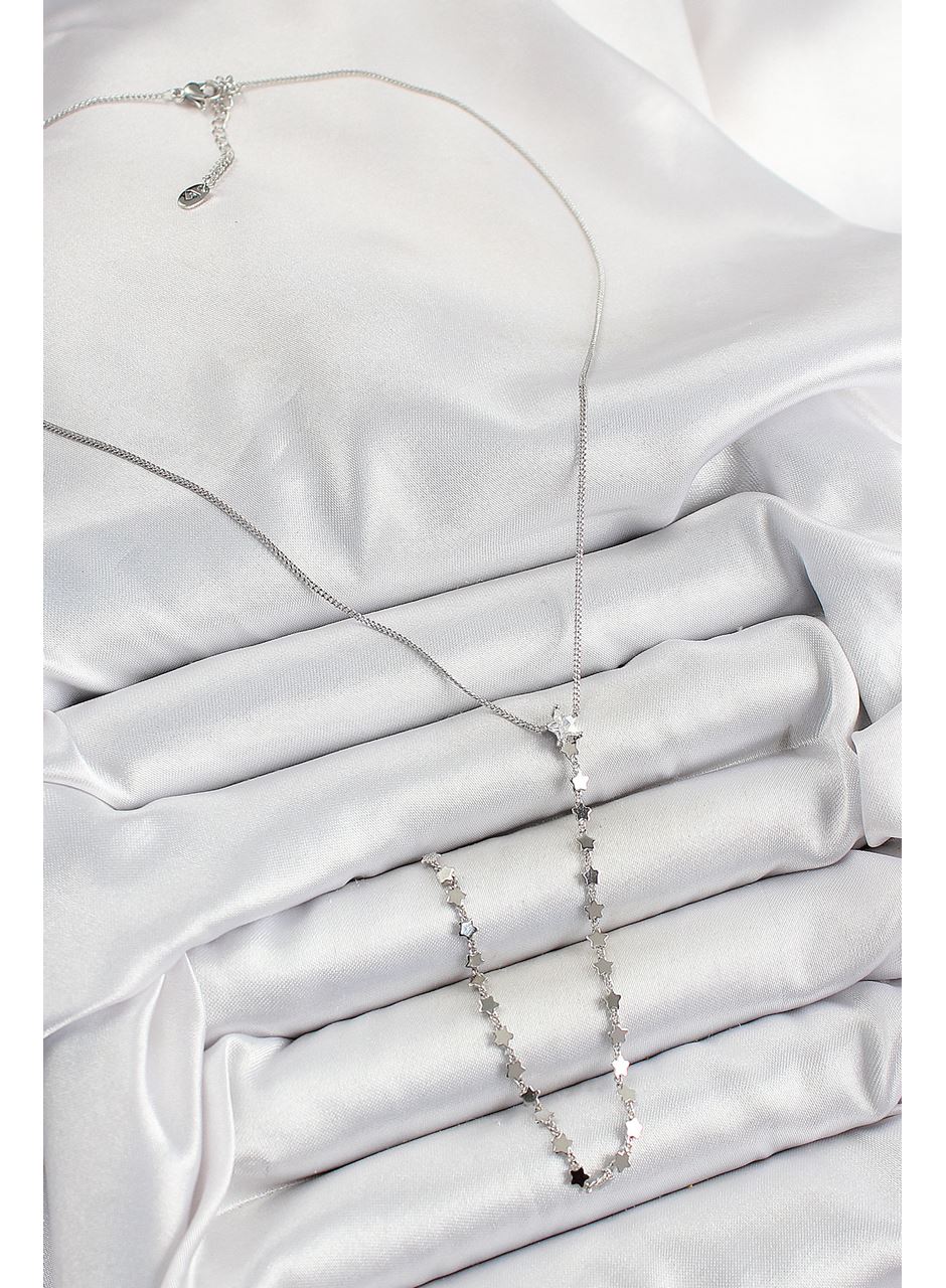 Pirinç Zirkon Taşlı Yıldız Figürlü Y Model Gümüş Renk Kadın Kolye