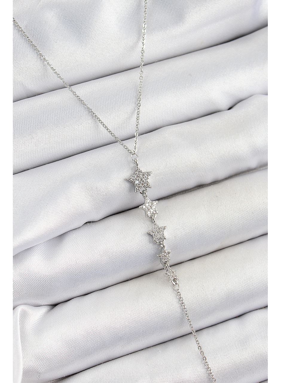 Pirinç Zirkon Taşlı Sıralı Yıldız Figürlü Y Model Gümüş Renk Kadın Kolye