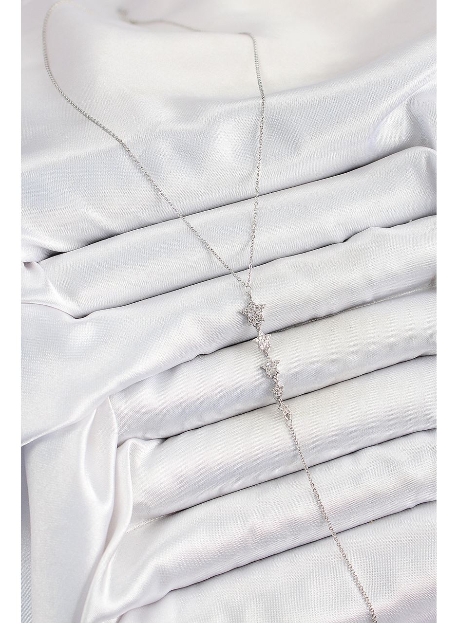 Pirinç Zirkon Taşlı Sıralı Yıldız Figürlü Y Model Gümüş Renk Kadın Kolye