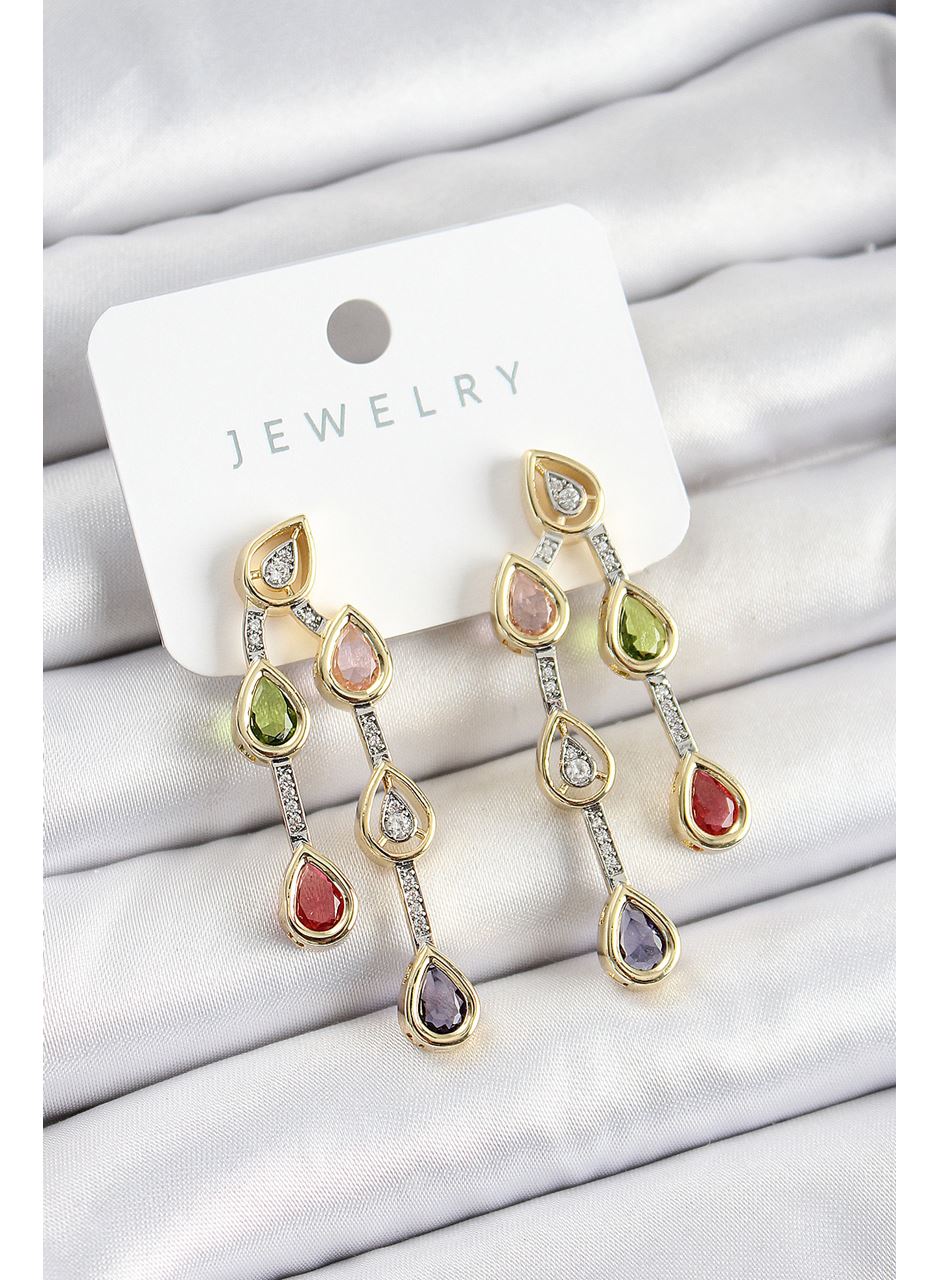 Pirinç Çoklu Damla Model Karşık Zirkon Taşlı Gold Ve Gümüş Renk Kadın Küpe