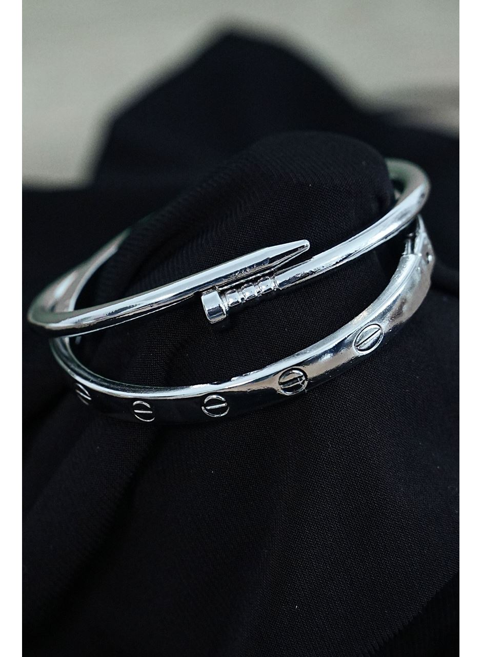Gümüş Renk Çivi Kombin Bileklik Seti 2 Adet