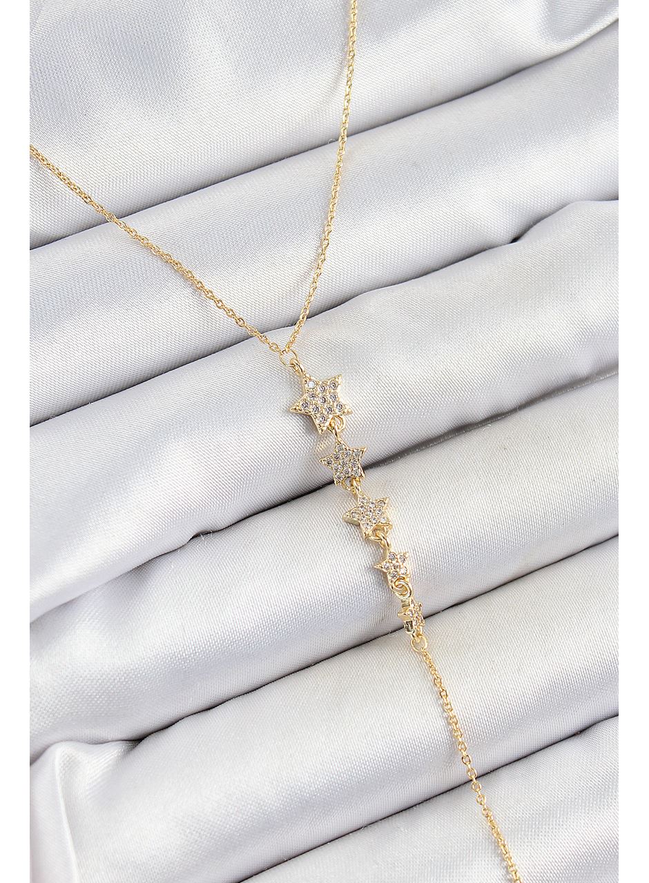 Pirinç Zirkon Taşlı Sıralı Yıldız Figürlü Y Model Gold Renk Kadın Kolye
