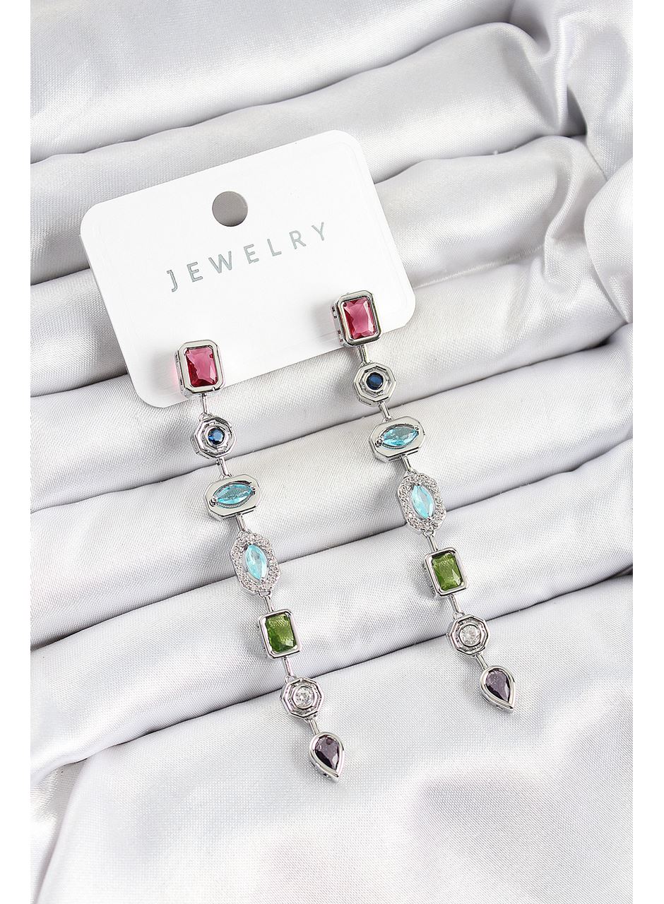 Pirinç Renkli Zirkon Taşlı Sallantılı Model Gümüş Renk Kadın Küpe