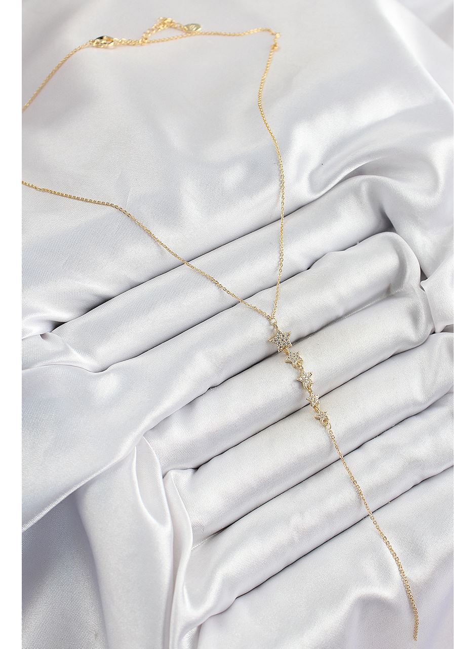 Pirinç Zirkon Taşlı Sıralı Yıldız Figürlü Y Model Gold Renk Kadın Kolye