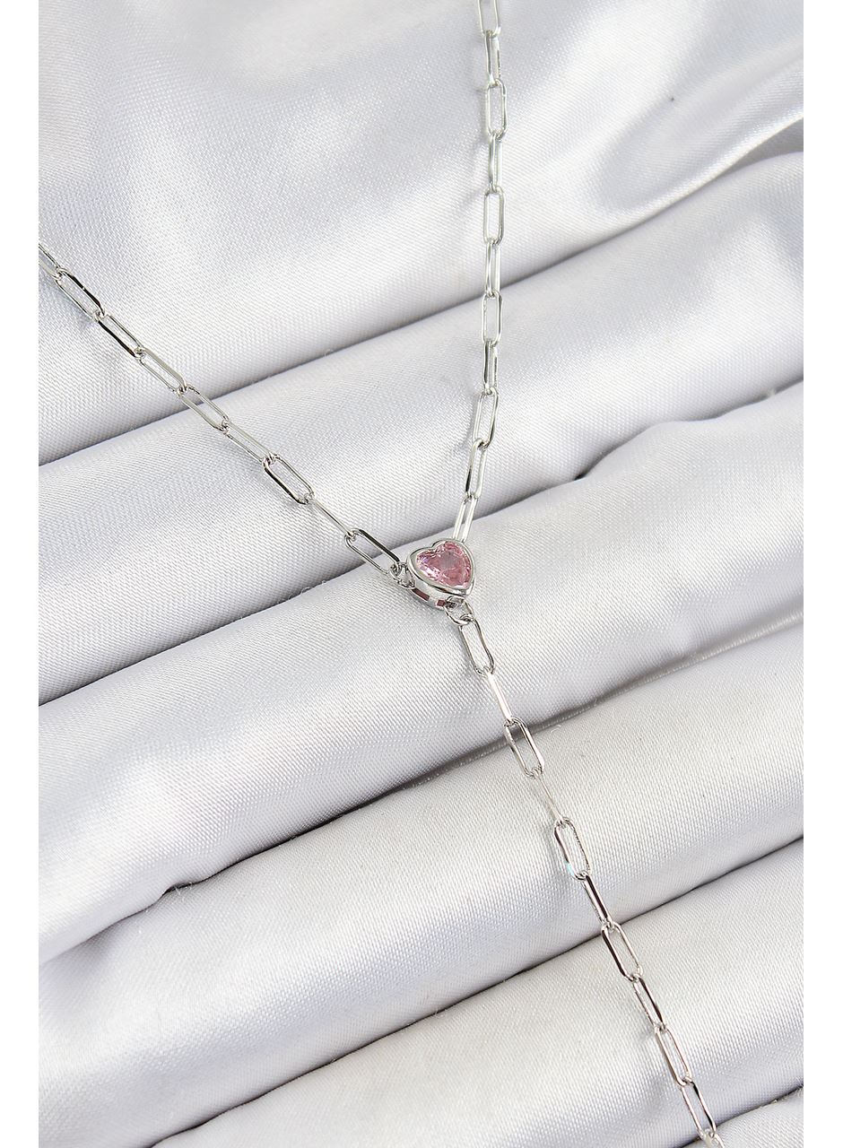 Pirinç Zirkon Taşlı Pembe Kalp Figürlü Y Model Gümüş Renk Kadın Kolye