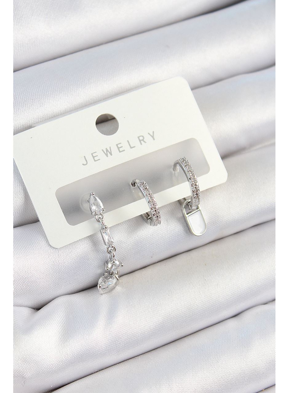 Pirinç Zirkon Taşlı Sallantılı Model Gümüş Renk 3'lü Çift Kadın Küpe Set