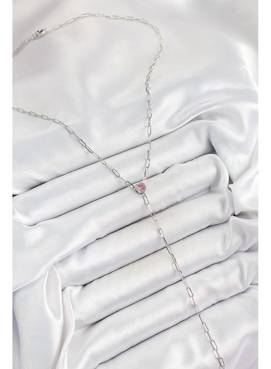 Pirinç Zirkon Taşlı Pembe Kalp Figürlü Y Model Gümüş Renk Kadın Kolye