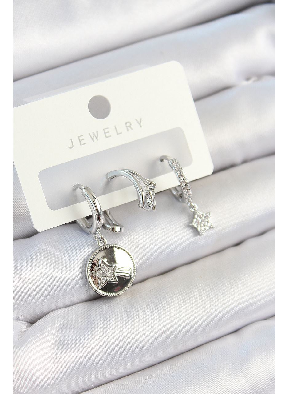 Pirinç Zirkon Taşlı Sallantılı Yıldız Model Gümüş Renk 3'lü Çift Kadın Küpe Set