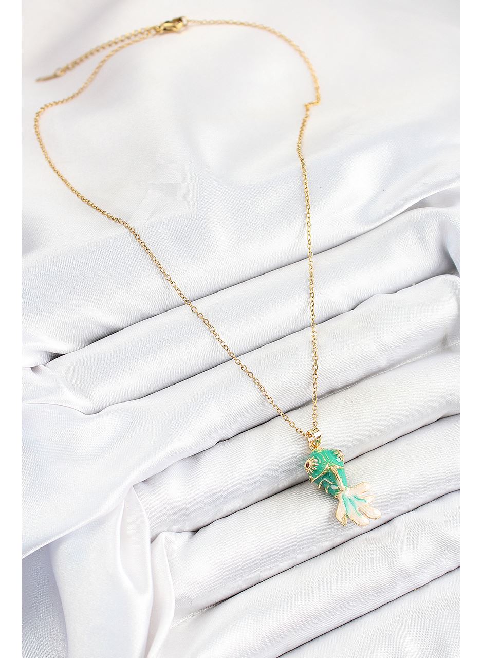316L Çelik Zincir Yeşil Balık Model Gold Renk Kadın Kolye