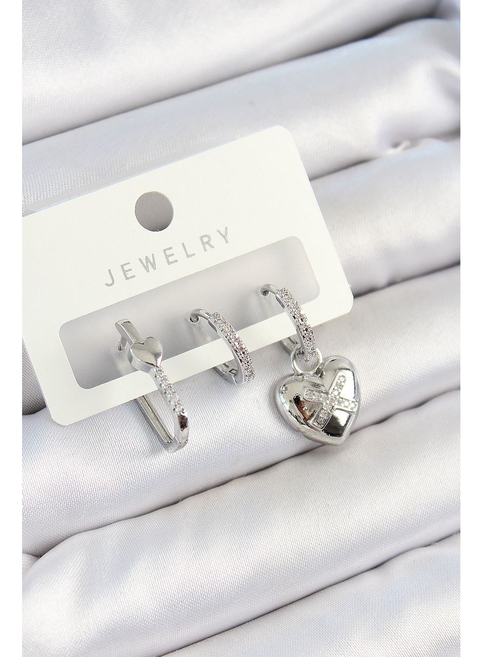 Pirinç Zirkon Taşlı Kalp Model Gümüş Renk 3'lü Çift Kadın Küpe Set