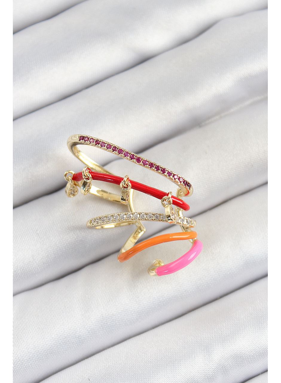 Pirinç Zirkon Taşlı Kırmızı Turuncu Pembe Sıkıştırma Sağ Kıkırdak Gold Renk Kadın Küpe