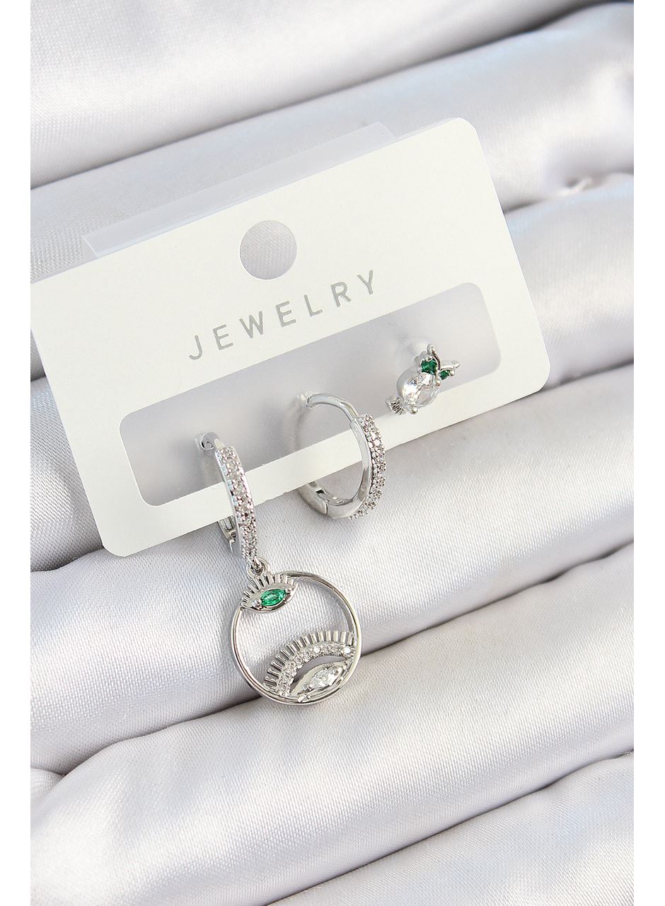 Pirinç Zirkon Taşlı Göz Ve Baykuş Model Gümüş Renk 3'lü Çift Kadın Küpe Set