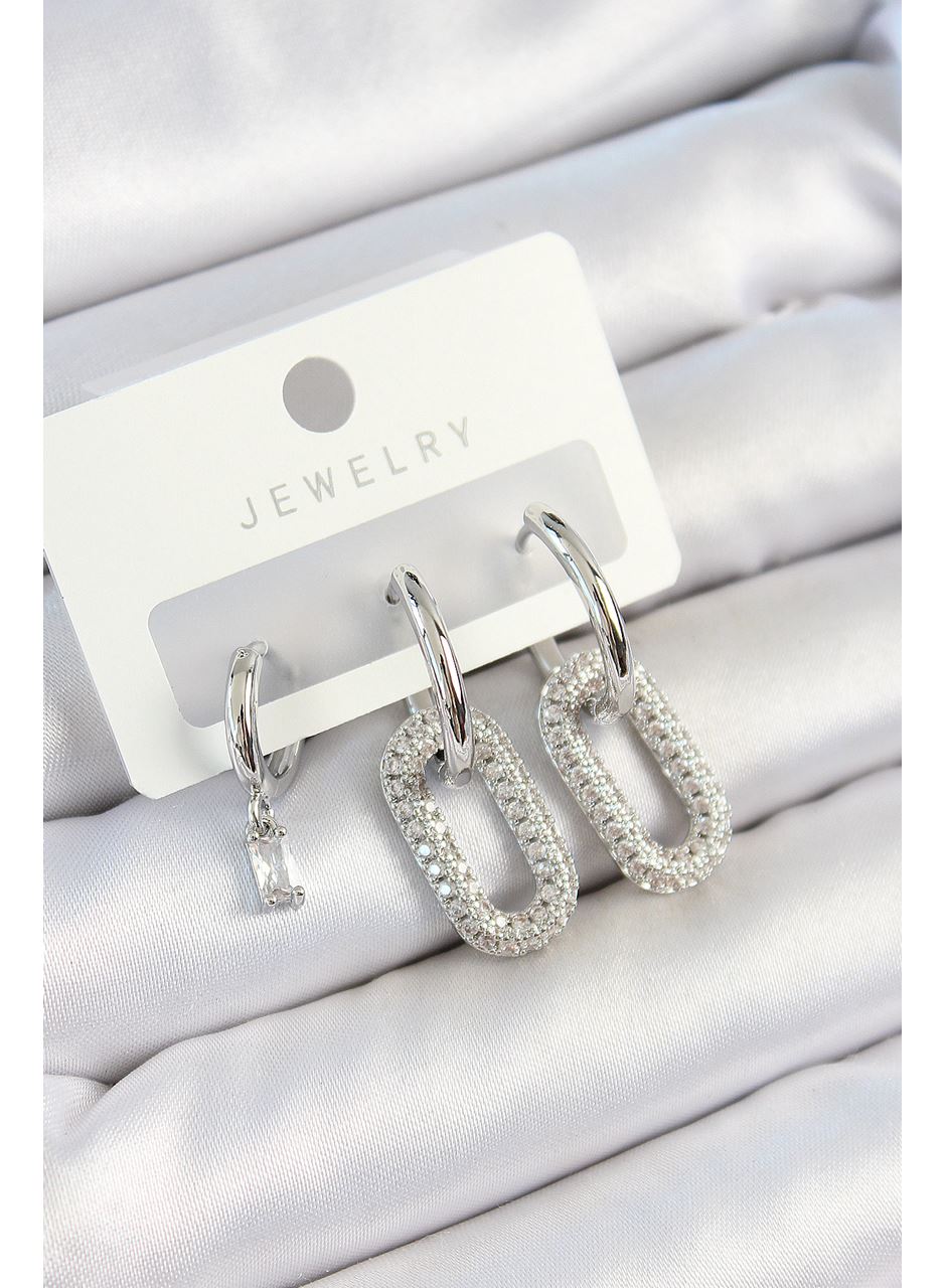 Pirinç Zirkon Taşlı Dikdörtgen Model Gümüş Renk 3'lü Çift Kadın Küpe Set