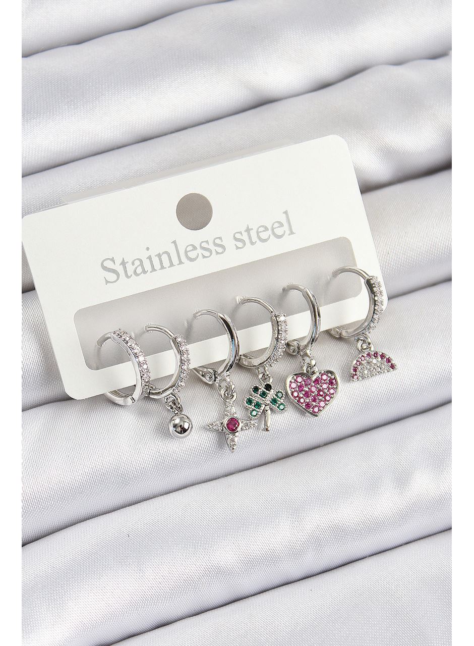 Pirinç Zirkon Taşlı Karpuz Yonca Kalp Pusula Karışık Model Gümüş Renk 6'lı Set Kadın Küpe