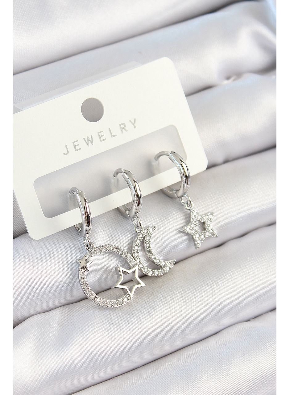 Pirinç Zirkon Taşlı Ay Ve Yıldız Model Gümüş Renk 3'lü Çift Kadın Küpe Set