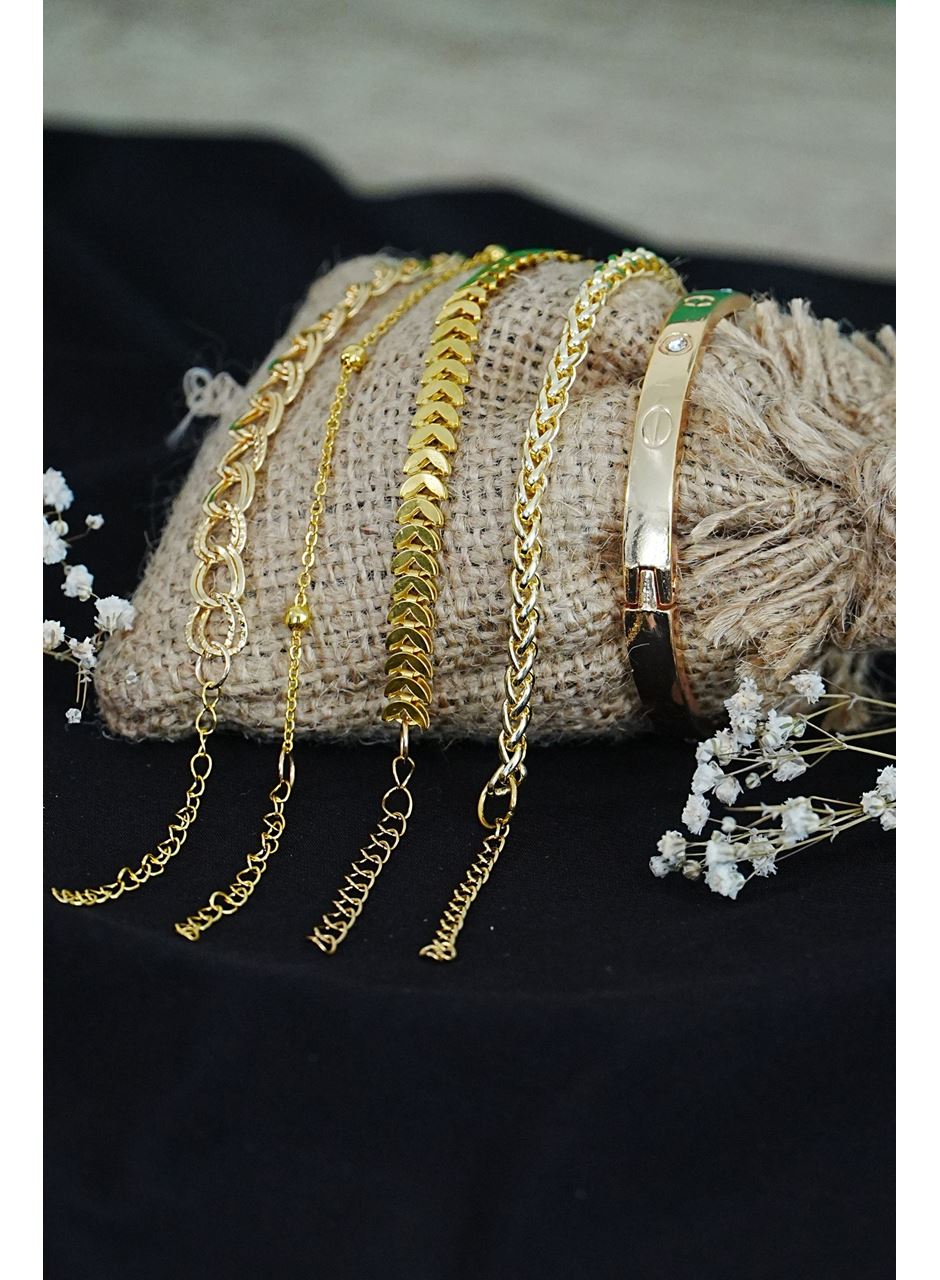 Kombin Bileklik Altın Kaplama Lüks Trend 5 Adet
