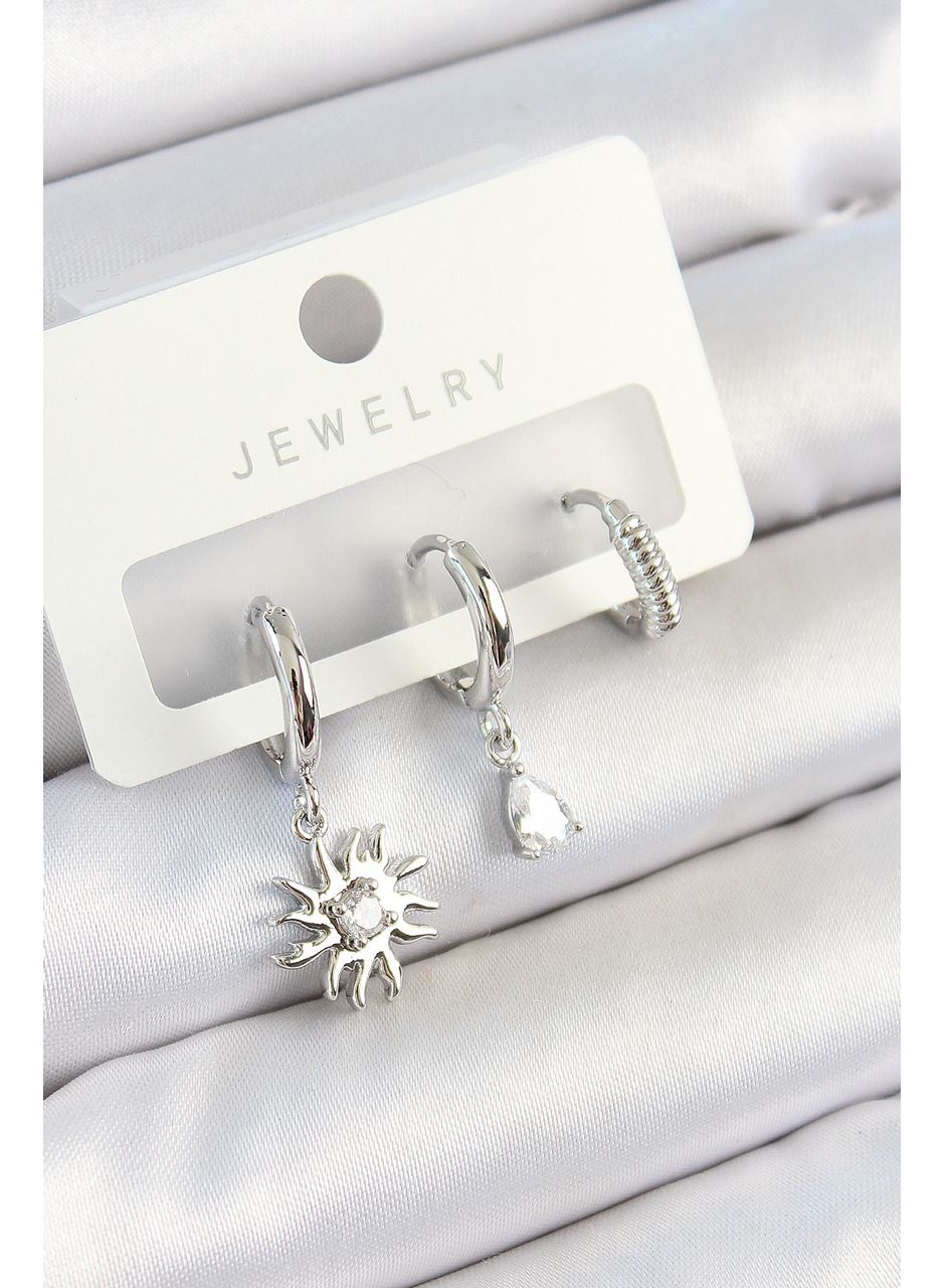 Pirinç Zirkon Taşlı Güneş Model Gümüş Renk 3'lü Çift Kadın Küpe Set