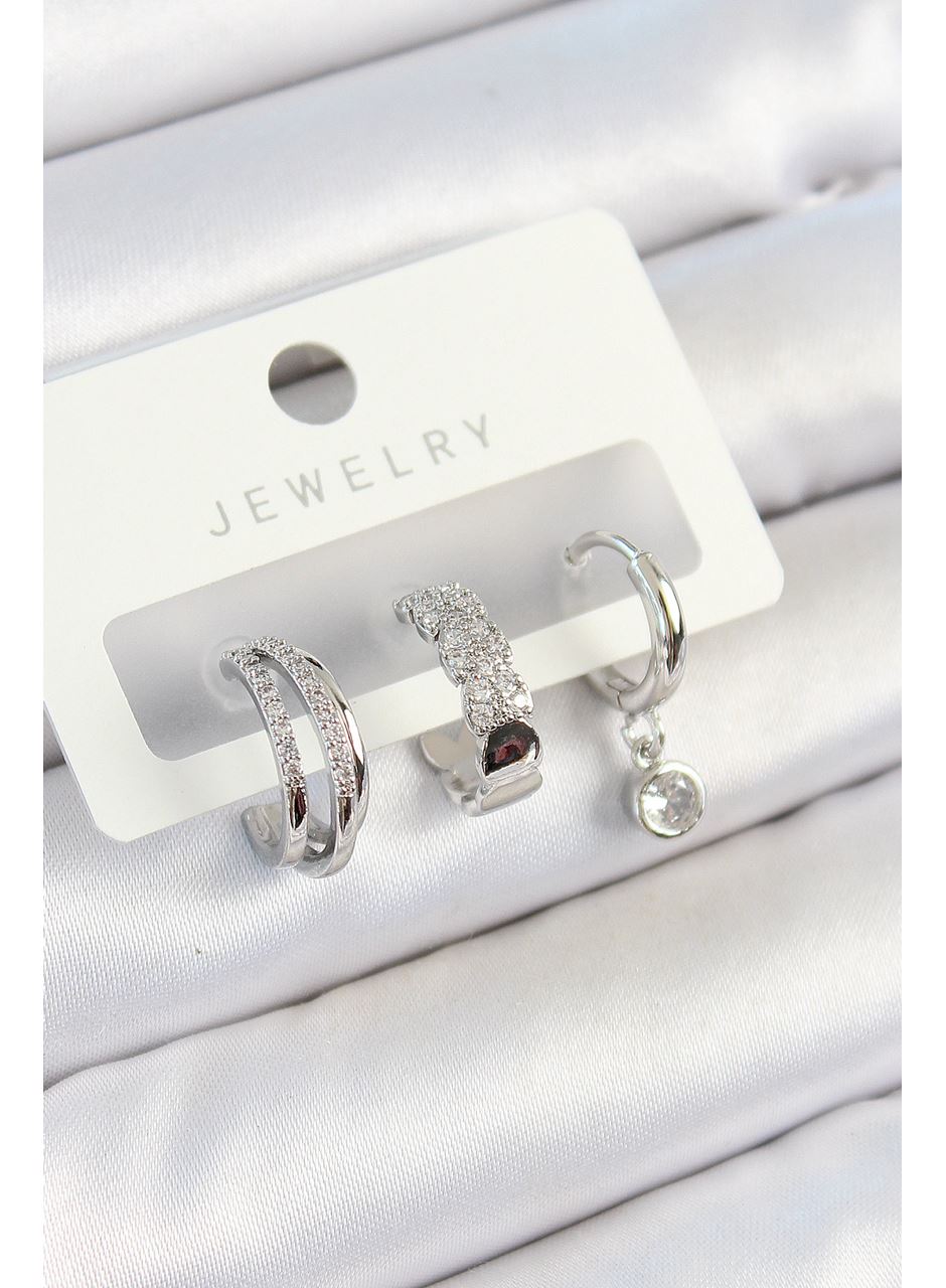 Pirinç Zirkon Taşlı Halka Model Gümüş Renk 3'lü Çift Kadın Küpe Set