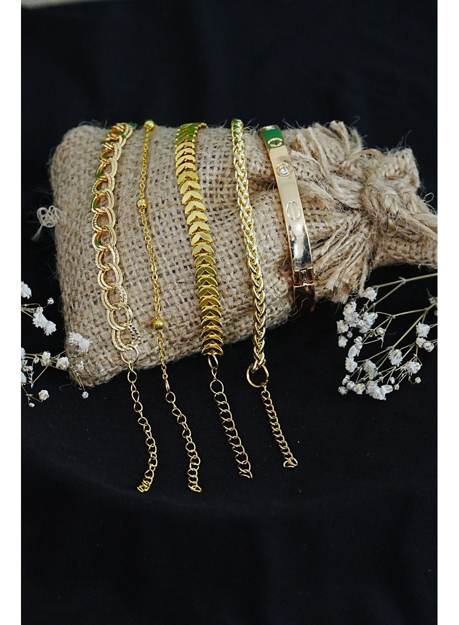 Kombin Bileklik Altın Kaplama Lüks Trend 5 Adet