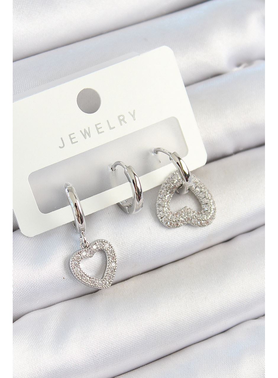 Pirinç Zirkon Taşlı Kalp Model Gümüş Renk 3'lü Çift Kadın Küpe Set