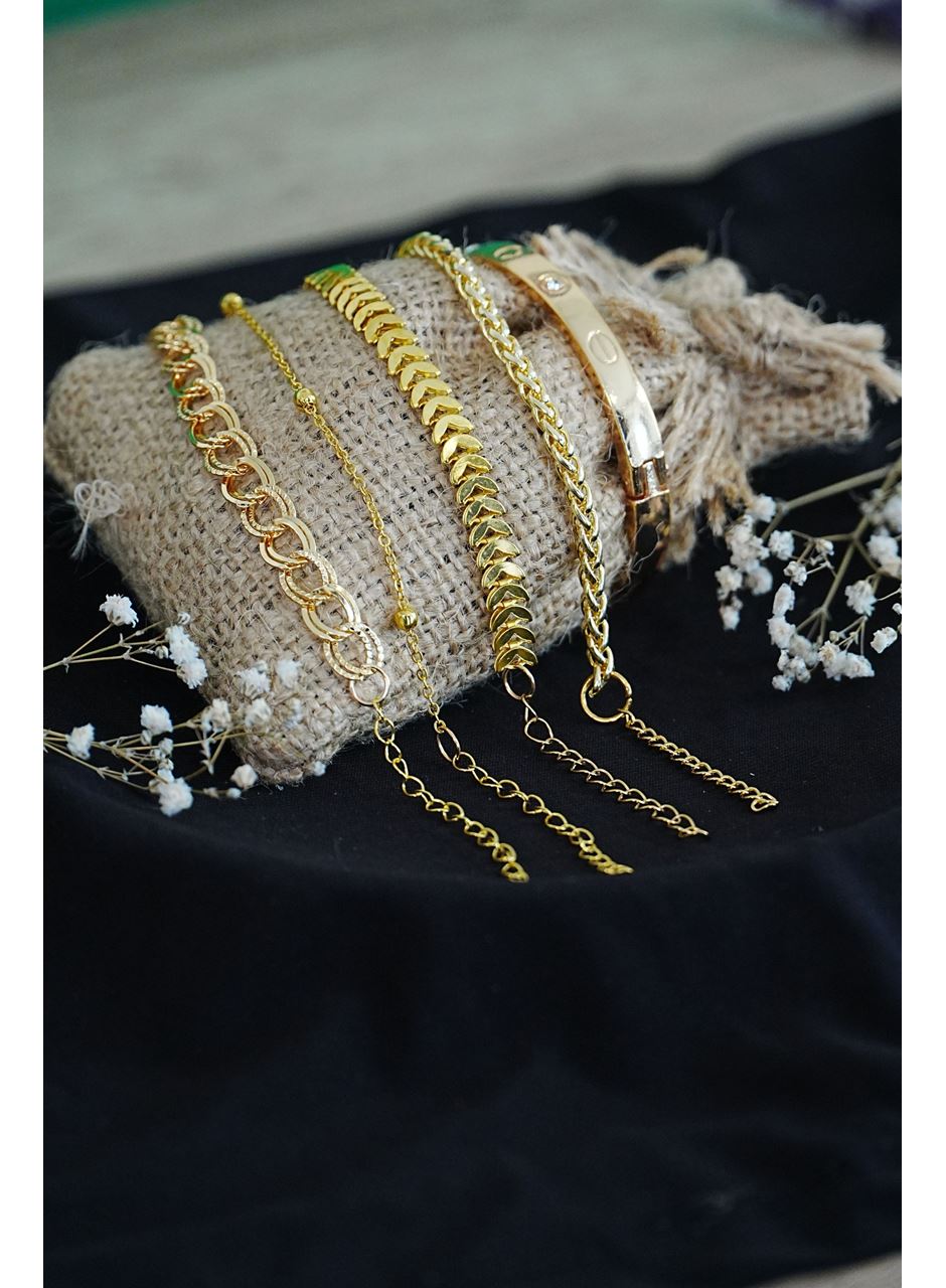 Kombin Bileklik Altın Kaplama Lüks Trend 5 Adet