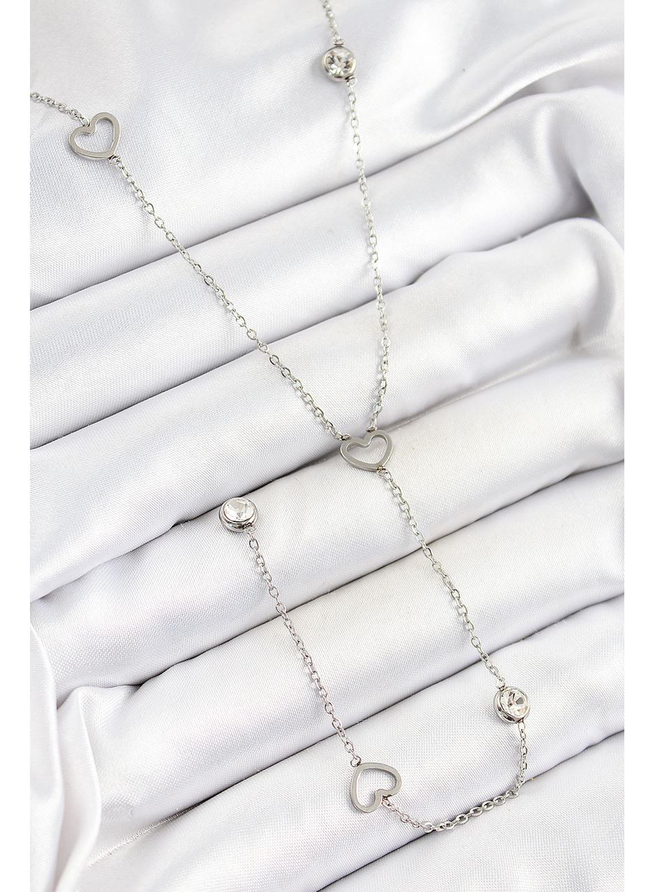 316L Çelik Zirkon Taşlı Kalp Figürlü Y Model Gümüş Renk Kadın Kolye