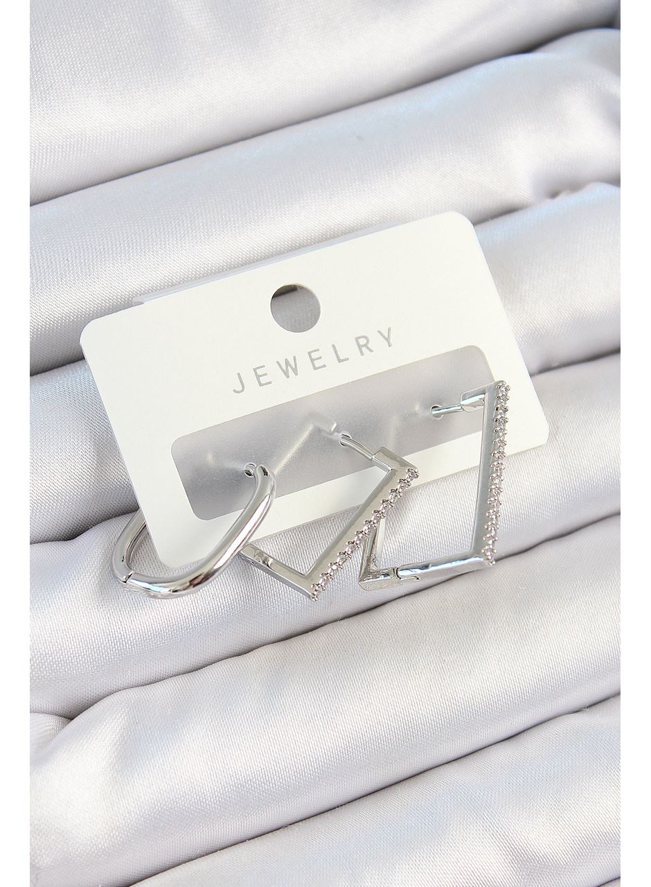 Pirinç Zirkon Taşlı Dikdörtgen Model Gümüş Renk 3'lü Çift Kadın Küpe Set