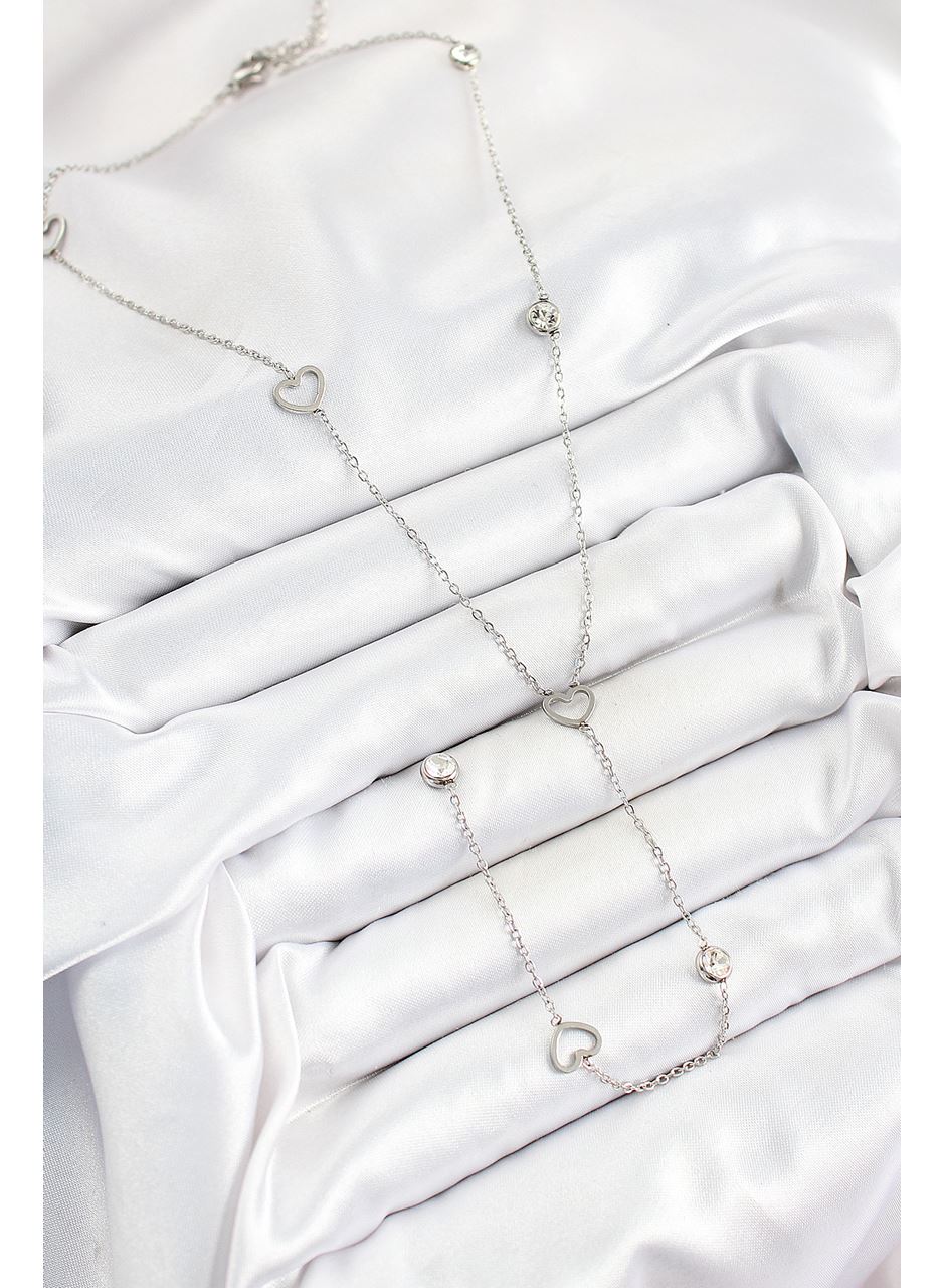 316L Çelik Zirkon Taşlı Kalp Figürlü Y Model Gümüş Renk Kadın Kolye