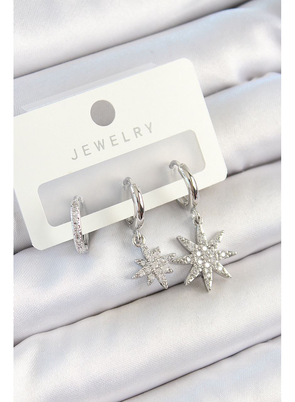 Pirinç Zirkon Taşlı Kutup Yıldızı Model Gümüş Renk 3'lü Çift Kadın Küpe Set