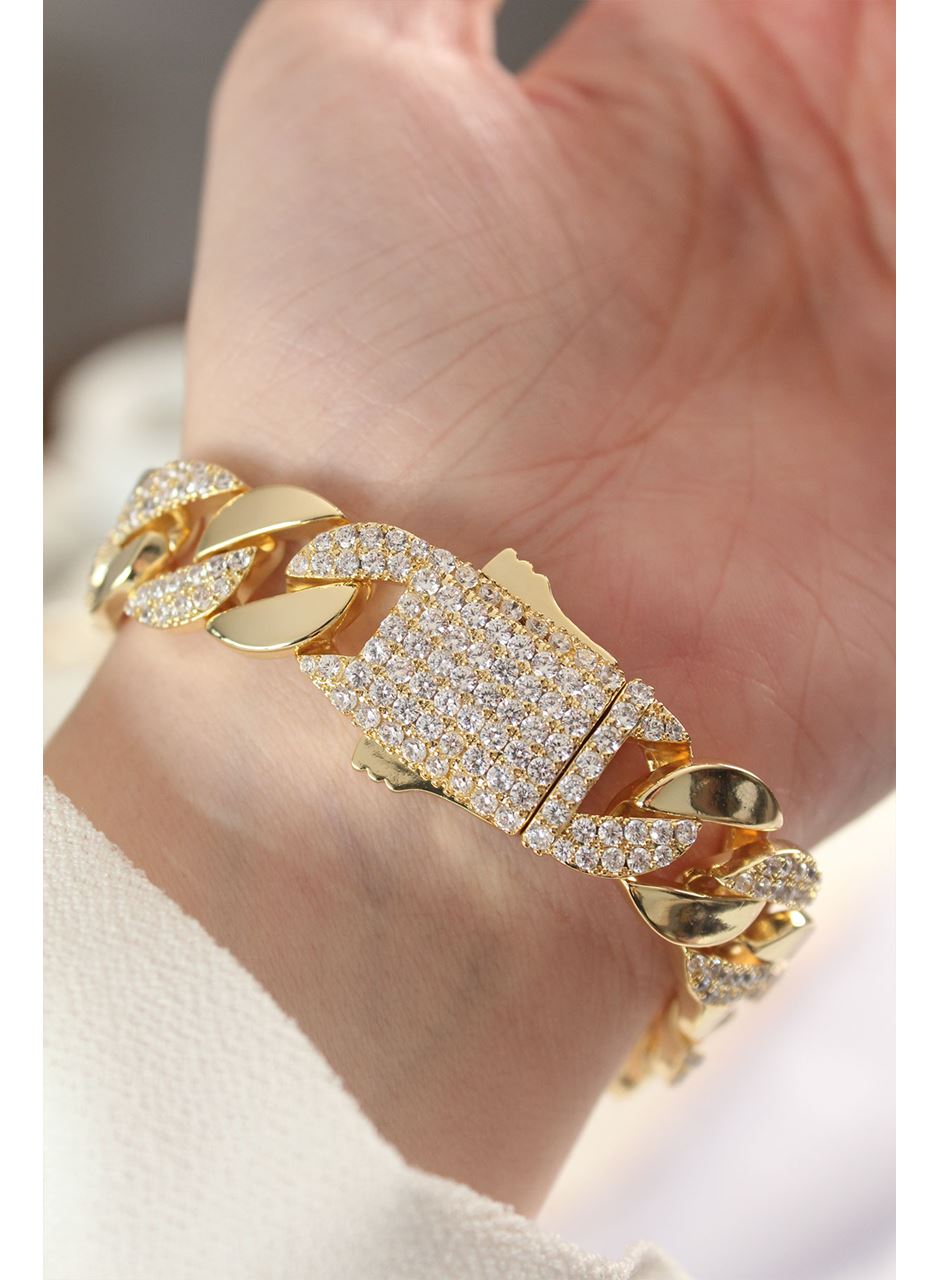 Vip Seri Pirinç Zirkon Taşlı Gold Renk Gurmet Bileklik