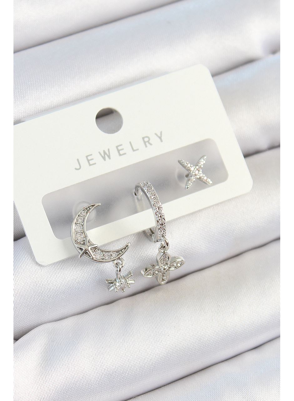 Pirinç Zirkon Taşlı Çiçek Ve Ay Model Gümüş Renk 3'lü Çift Kadın Küpe Set