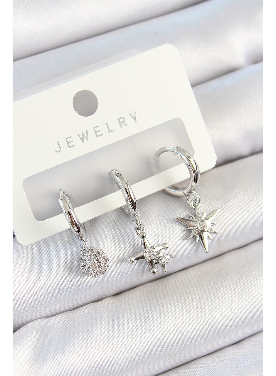 Pirinç Zirkon Taşlı Kutup Yıldızı Model Gümüş Renk 3'lü Çift Kadın Küpe Set