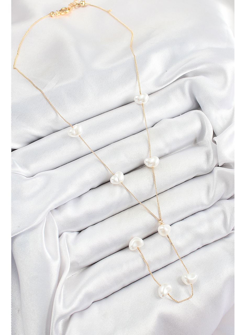 Pirinç İncili Kalp Figürlü Y Model Gold Renk Kadın Kolye