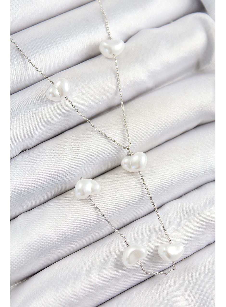 Pirinç İncili Kalp Figürlü Y Model Gümüş Renk Kadın Kolye