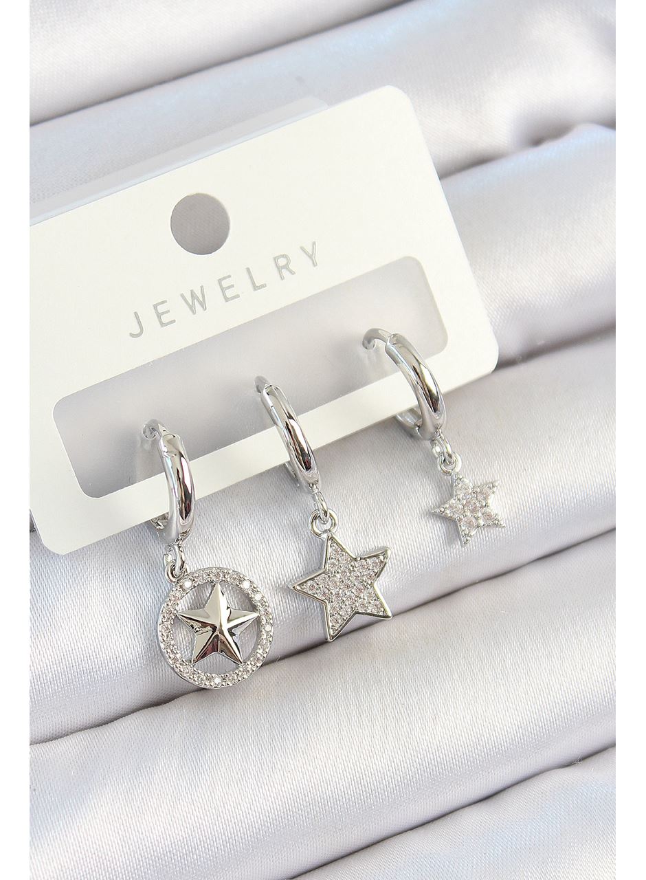 Pirinç Zirkon Taşlı Yıldız Model Gümüş Renk 3'lü Çift Kadın Küpe Set