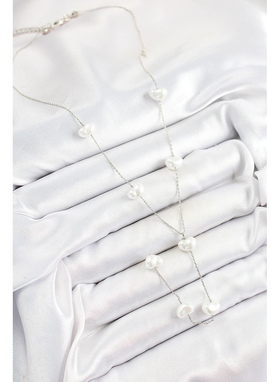 Pirinç İncili Kalp Figürlü Y Model Gümüş Renk Kadın Kolye