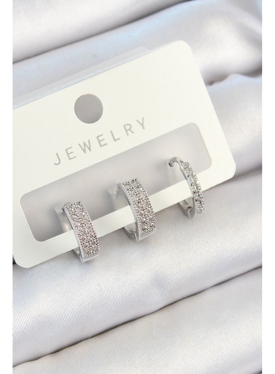 Pirinç Zirkon Taşlı Halka Model Gümüş Renk 3'lü Çift Kadın Küpe Set