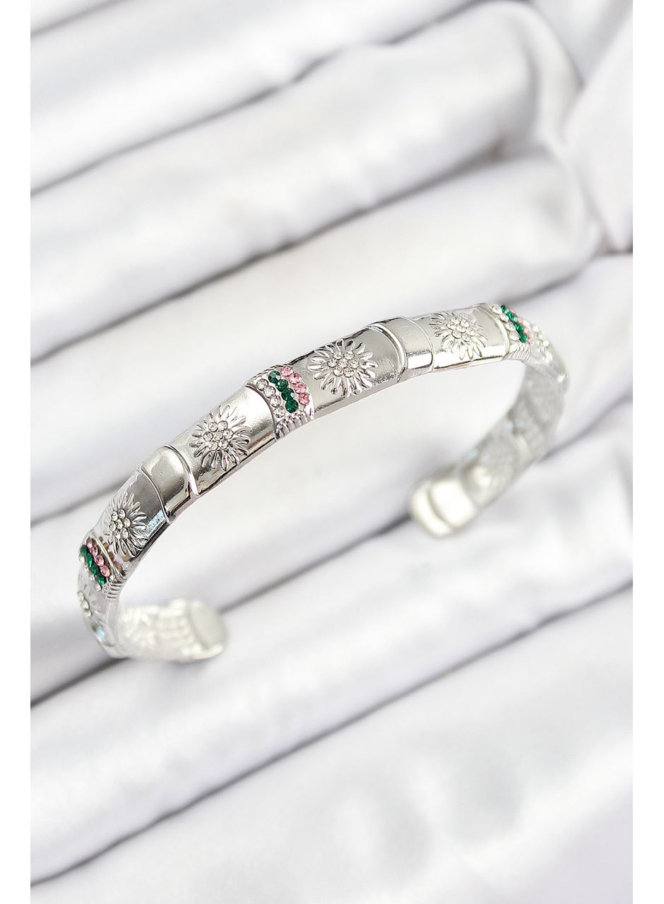 Pirinç Karışık Zirkon Taşlı Çiçek Model Gümüş Renk Altı Açık Kadın Bileklik